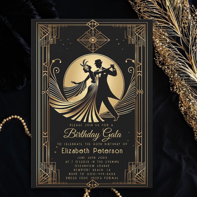 Convite Art Deco Gatsby Roaring 20s Prohibition Birthday (art deco 1920s gatsby roaring dance dancing couple gold black adult birthday party invitation)
