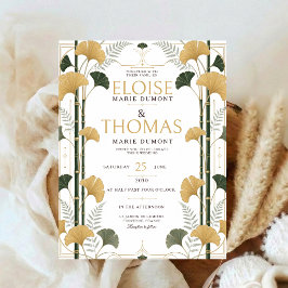 Convite Art Deco Ginkgo Casamento Botânico Bambu Dourado