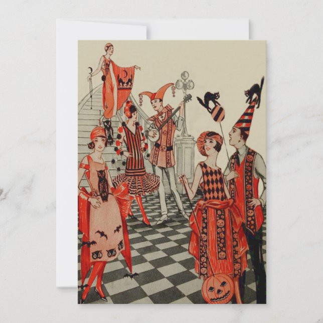 Convite Art Deco Halloween Party Black Cat Bat (Frente)