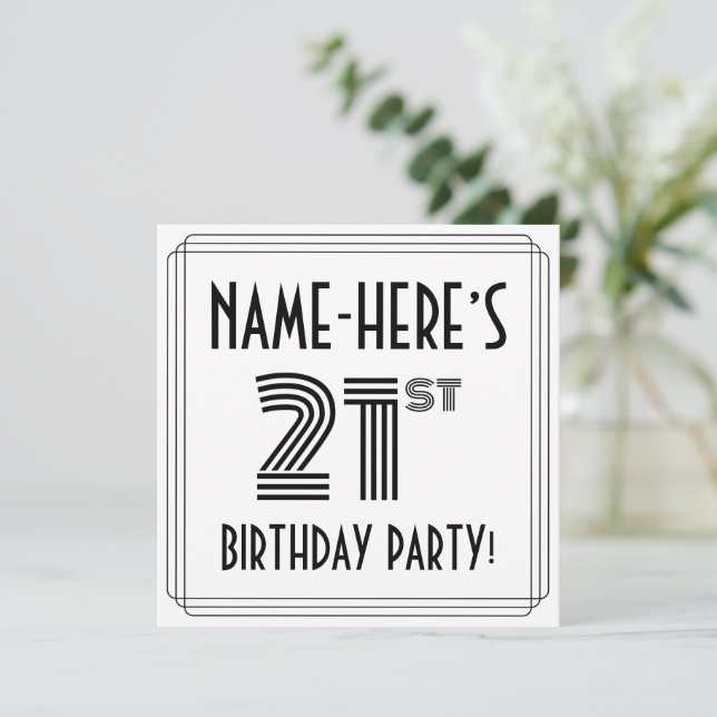 Convite Art Deco Inspired 21st Birthday Party, Custom Name (Em pé/Frente)