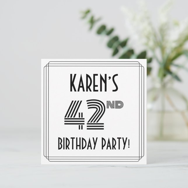 Convite Art Deco Inspired 42nd Birthday Party, Custom Name (Em pé/Frente)