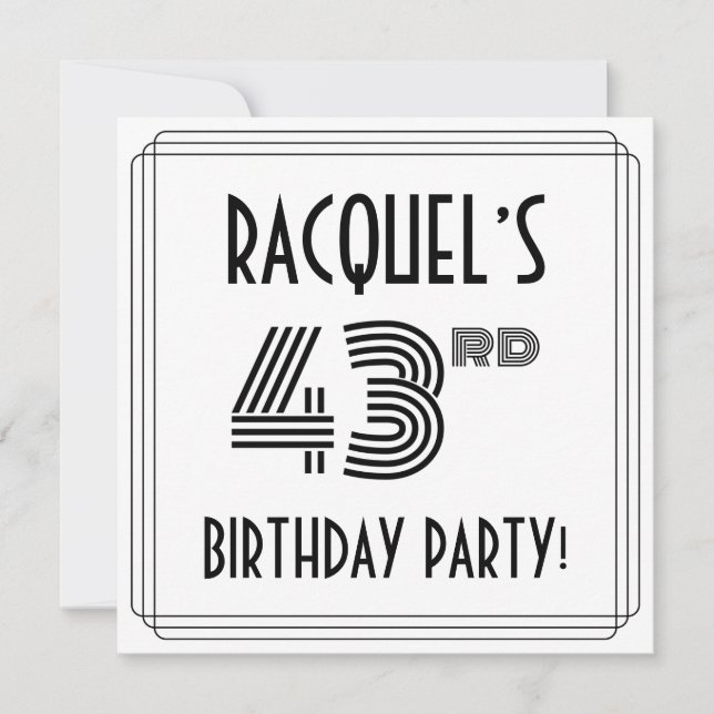 Convite Art Deco Inspired 43rd Birthday Party, Custom Name (Frente)
