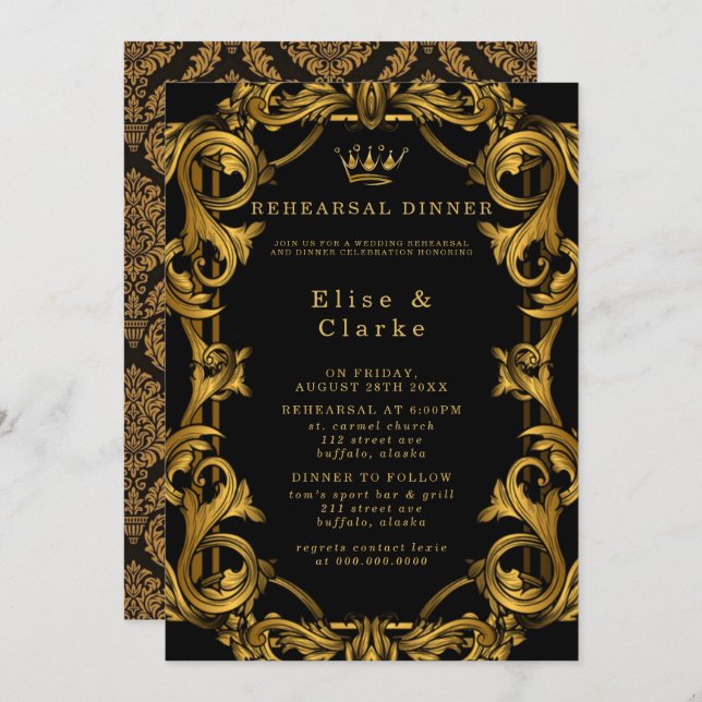 Convite Art Deco Janto Real Dourado de Ensaios Preto (Frente/Verso)