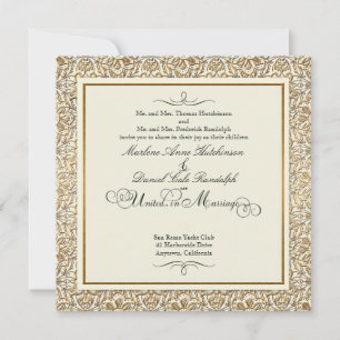 Convite Art Déco Nouveau Falso Dourado Floral Damasco Rend