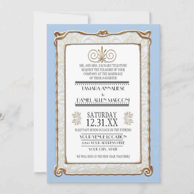 Convite Art Deco Nouveau Gatsby Style Dourada n Lace Look (Frente)