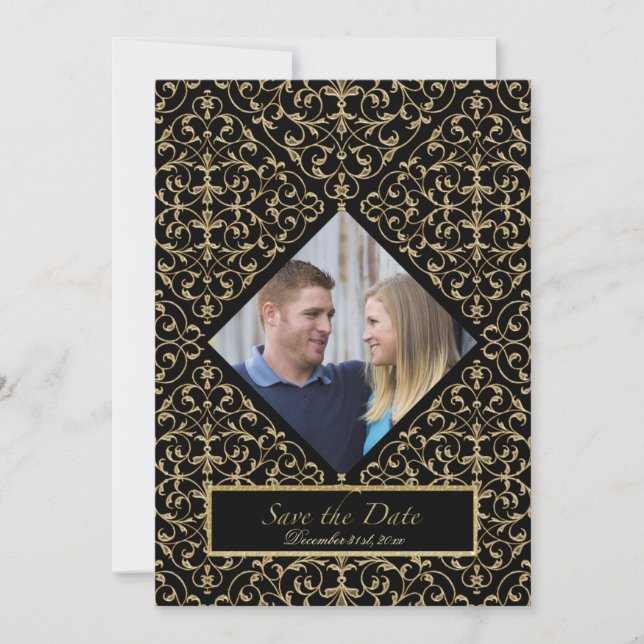 Convite Art Deco Nouveau Lace Ouro Damask Calliografia (Frente)