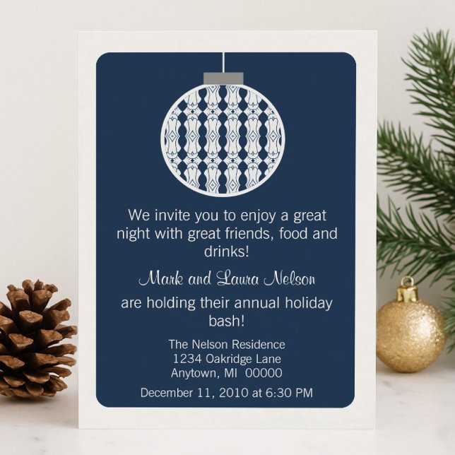 Convite Art Deco Ornament Festa de Natal | Azul (Blue Art Deco Ornament Christmas Party Invitation)