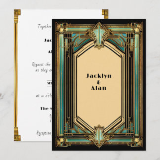 Convite Art Déco Ouro Turquesa Preto Casamento