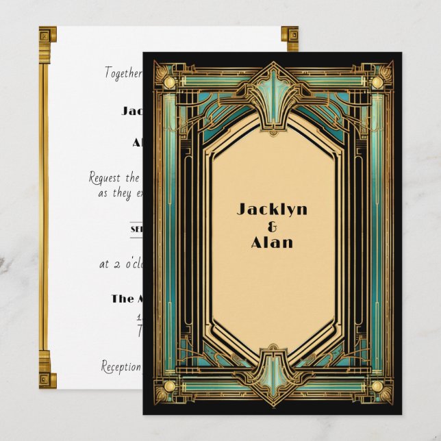 Convite Art Déco Ouro Turquesa Preto Casamento (Frente/Verso)