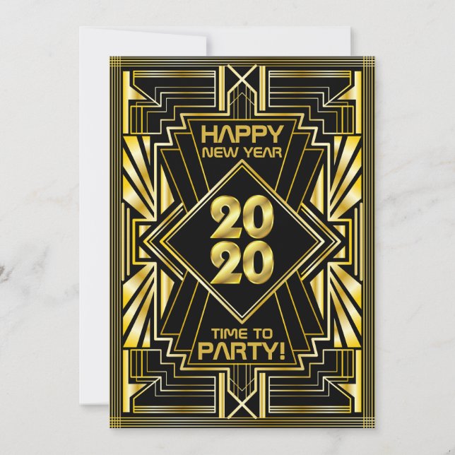 Convite Art Deco, Partido de Ano Novo 2020, Dourado Gatsby (Frente)