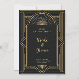 Convite Art Deco Preto Dourado Elegante Rebrilho Geométric