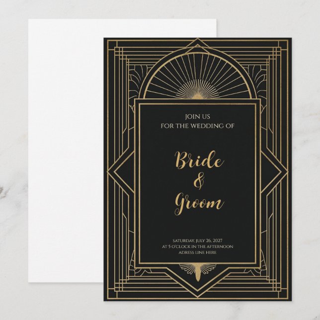 Convite Art Deco Preto Dourado Elegante Rebrilho Geométric (Frente/Verso)