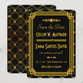 Convite Art Deco Preto e Dourado Save The Date