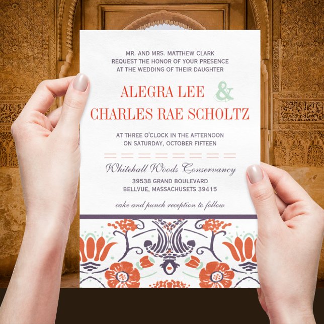 Convite Art Deco Purple e Orange Floral Weding (Criador carregado)