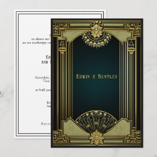 Convite Art Deco Sofisticado Dourado, Preto & Verde Sage