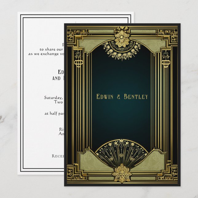 Convite Art Deco Sofisticado Dourado, Preto & Verde Sage  (Frente/Verso)