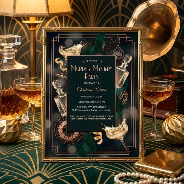 Convite Art Deco Speakeasy Murder Mystery Christmas Party (Speakeasy Murder Mystery Christmas Party – Art Deco Black & Gold, Champagne, Personalized)