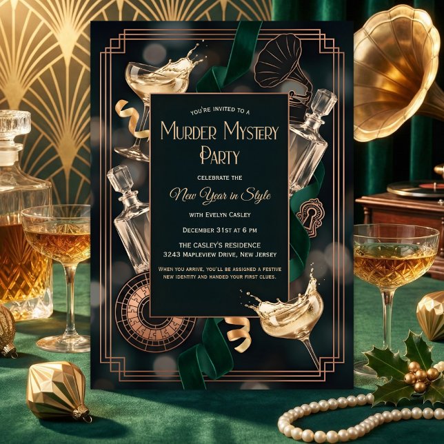 Convite Art Deco Speakeasy Murder Mystery New Year Party (Speakeasy Murder Mystery New Year – Art Deco Black & Gold, Champagne, Personalized)