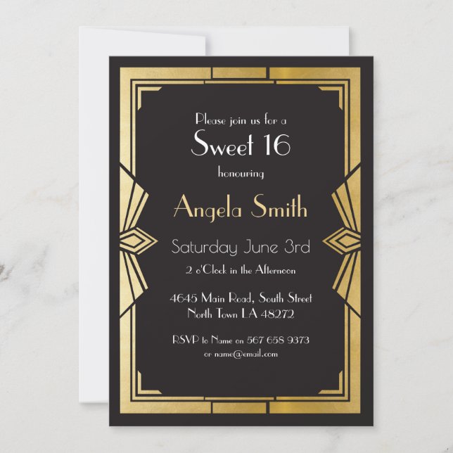 Convite Art Deco Sweet 16 Party Gatsby Black Invite anos 1 (Frente)