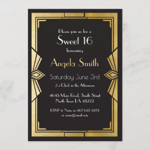 Convite Art Deco Sweet 16 Party Gatsby Black Invite anos 1