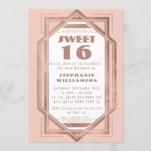Convite Art Déco Sweet 16 Rosa Dourado e Rosa Bege Gatsby