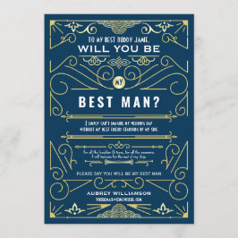 Convite Art Deco Você Será Meu Padrinho Bodas Dourado Azul