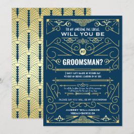 Convite Art Deco Você Será Meu Padrinho de casamento Azul 