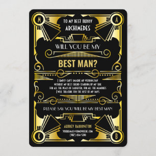 Convite Art Deco Você Será Meu Padrinho Dourado & Preto