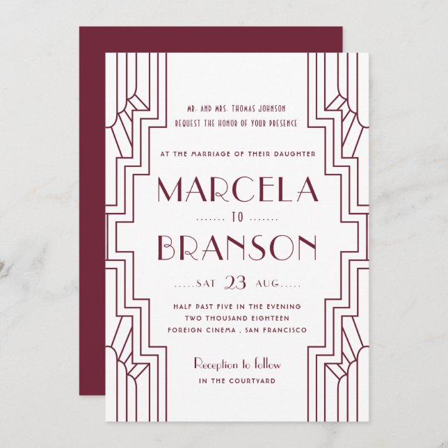 Convite Art Deco Wedding Burgundy (Frente/Verso)