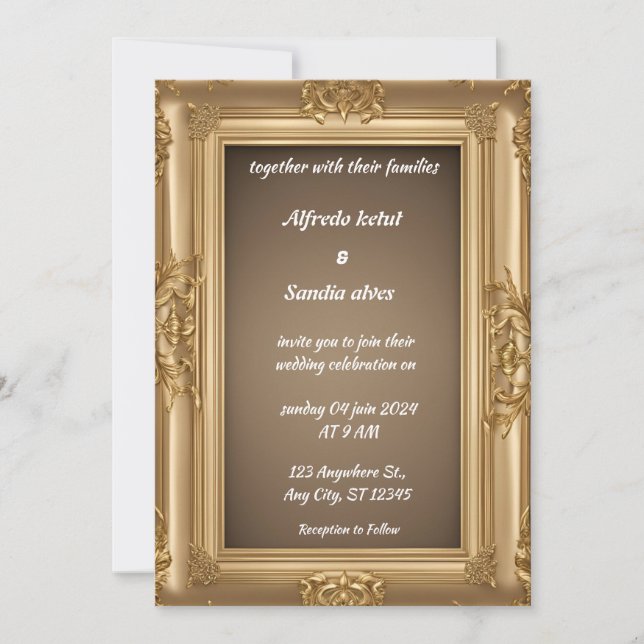Convite Art Deco Wedding Diamond Biege Gold Foil (Frente)