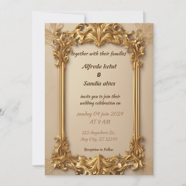 Convite Art Deco Wedding Diamond Biege Gold Foil (Frente)