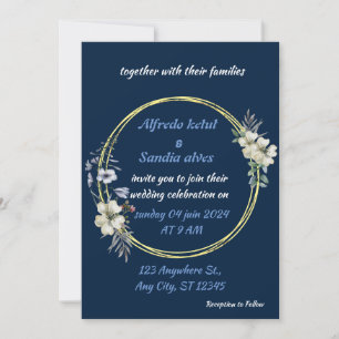 Convite Art Deco Wedding Diamond bleu e Gold Foil floral