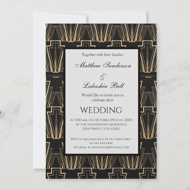 Convite Art Deco Wedding Elegante Moderno Dourado (Frente)