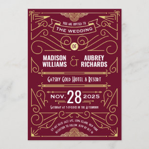 Convite Art Deco Wedding Gatsby Elegante Dourada Burgundy
