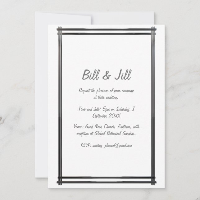 Convite Art Deco White com Casamento de Borda Negra (Frente)