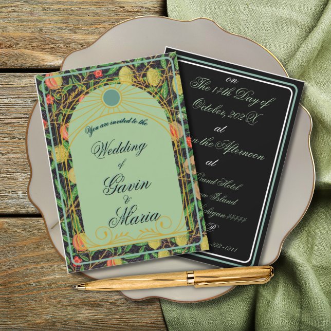 Convite Art Deco William Morris Floral Dourada Fruta de To (Criador carregado)