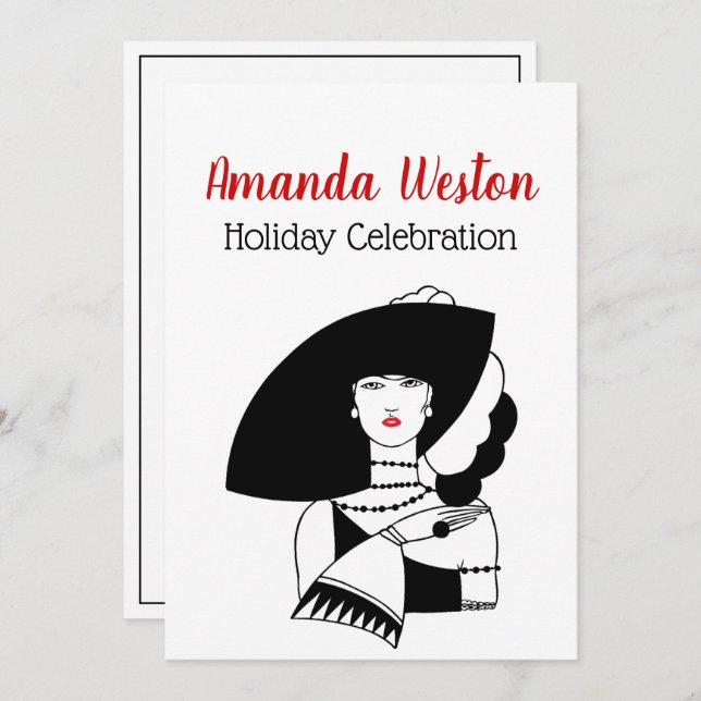 Convite Art Deco Woman Em Big Hat Luva RL Natal Xmas (Frente/Verso)