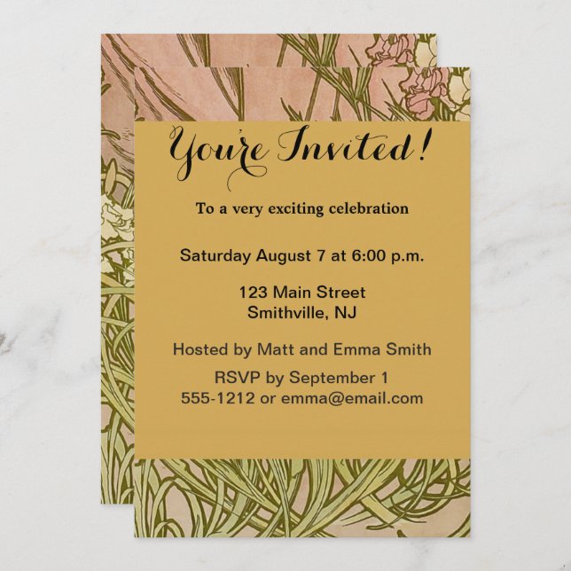 Convite Art Nouveau Alfonse Mucha Floral (Frente/Verso)