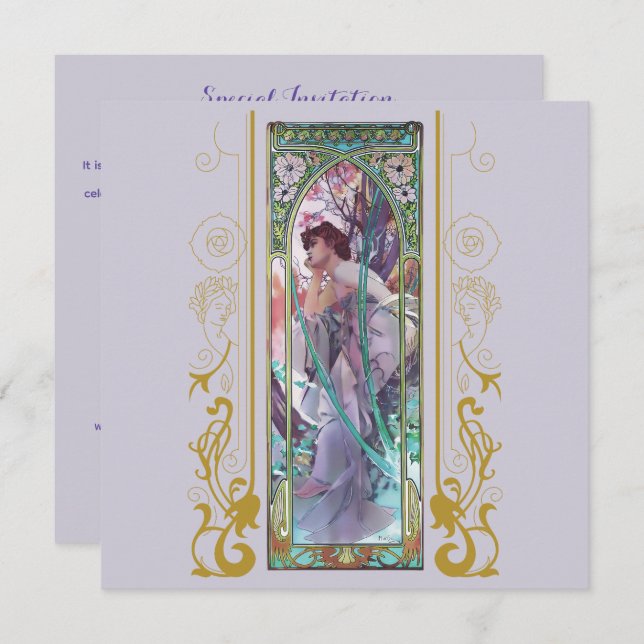 Convite Art Nouveau Alphonse Mucha para qualquer ocasião (Frente/Verso)