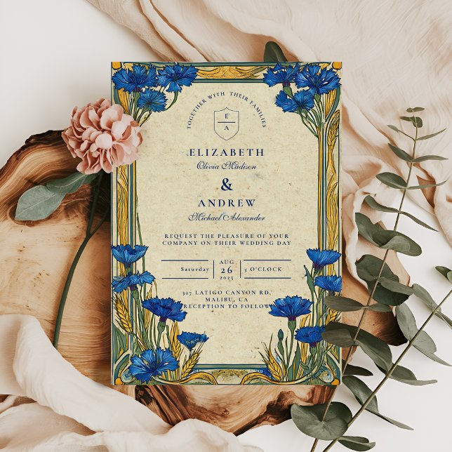 Convite Art Nouveau Blue Cornflower Wedding (Criador carregado)