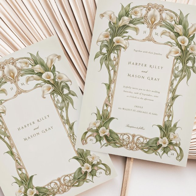 Convite Art Nouveau Calla Lily Casado em Ivory e Verde (Criador carregado)