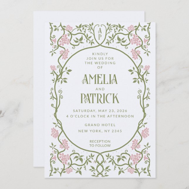 Convite Art Nouveau Casamento Floral Verde e Rosa (Frente/Verso)