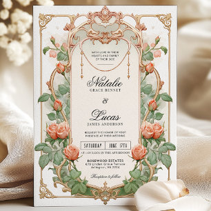 Convite Art Nouveau Coral Floral e Dourado Casamento