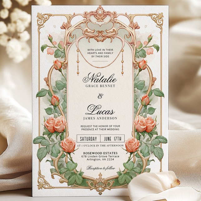 Convite Art Nouveau Coral Floral e Dourado Casamento (Criador carregado)