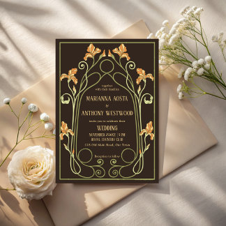 Convite Art nouveau dark brown elegant wedding