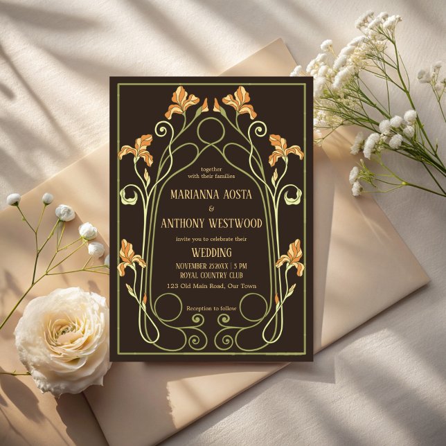 Convite Art nouveau dark brown elegant wedding (Art nouveau dark brown floral arch elegant wedding invitation cards template)