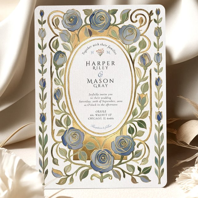 Convite Art Nouveau Dusty Blue & Gold Roses Wedding (Criador carregado)