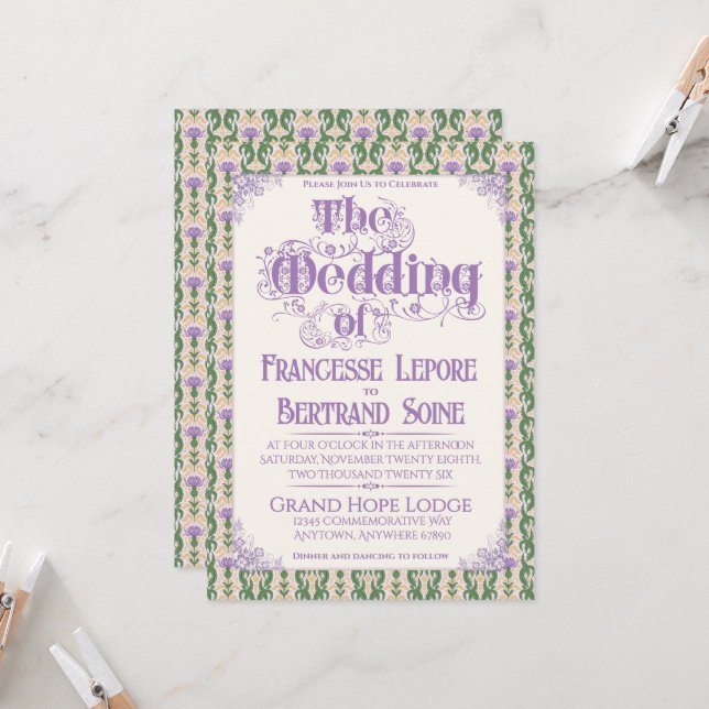 Convite Art Nouveau Elegant Thistle Butter Yellow (Frente/Verso In Situ)