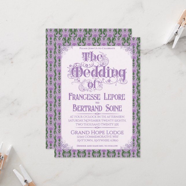 Convite Art Nouveau Elegant Thistle Lilac (Frente/Verso In Situ)