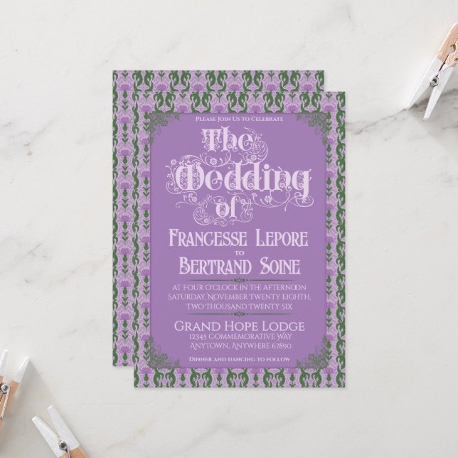 Convite Art Nouveau Elegant Thistle Royal Lavender (Frente/Verso In Situ)